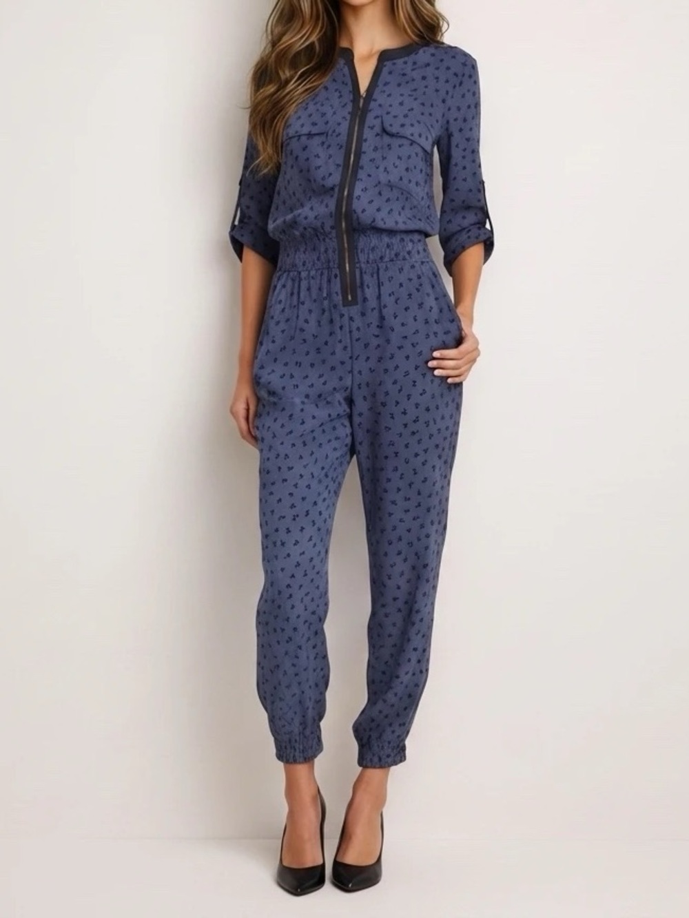 RACHEL Rachel Roy Blue and Black  Dog Print Jumpsuit S